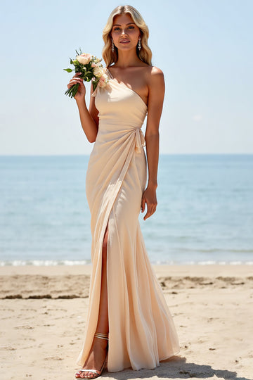 One Shoulder Sheath Apricot Bridesmaid Dress with Slit